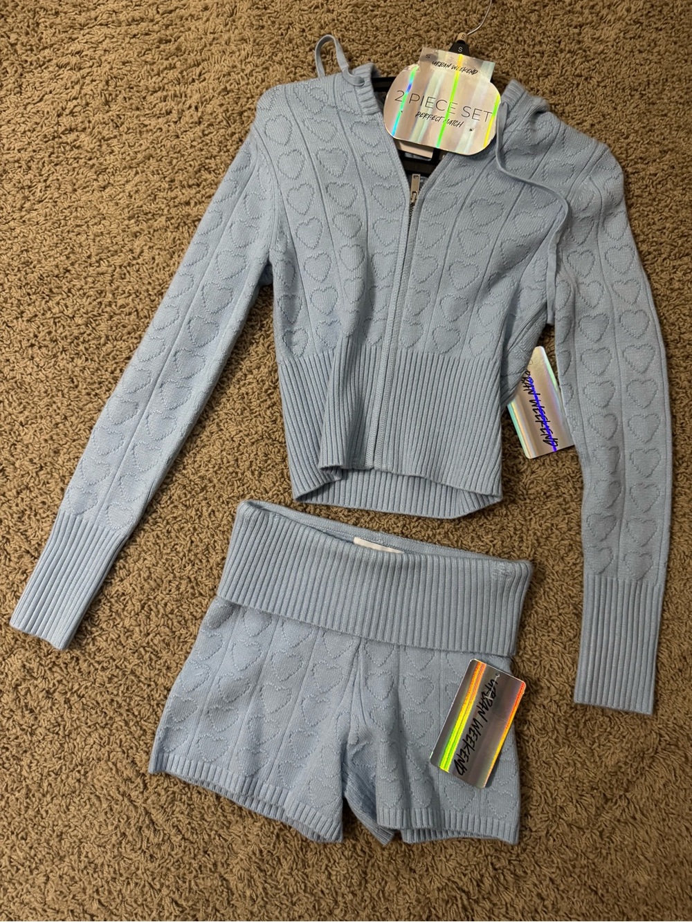 Light Blue Heart-Knit Hoodie & Shorts Set